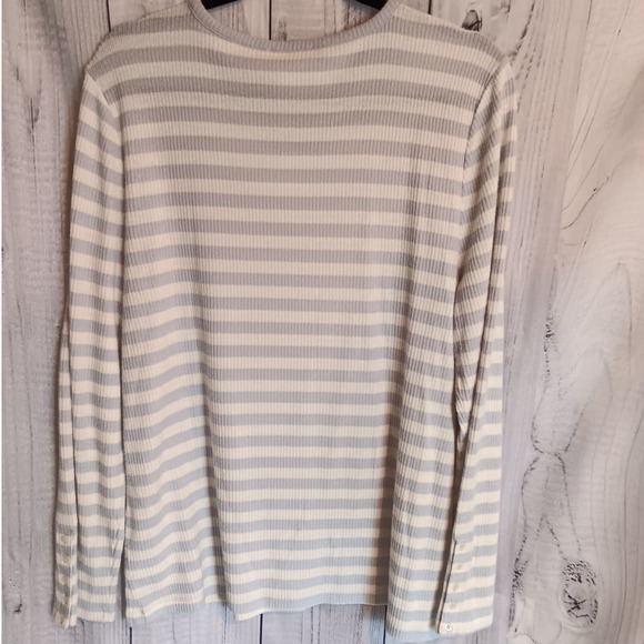 Haven Well Within | Blue & White Striped Ribbed Soft Touch Button-Cuff Top - Picture 3 of 8